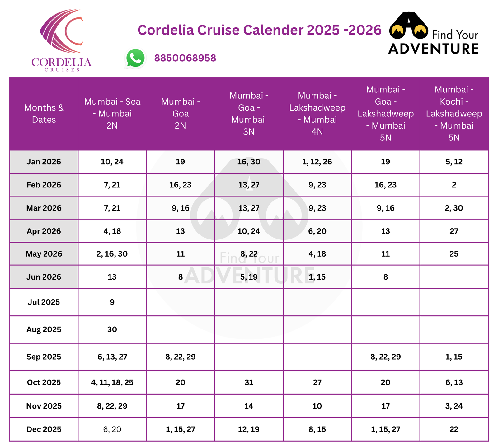 Cordelia Cruise Calendar 2026